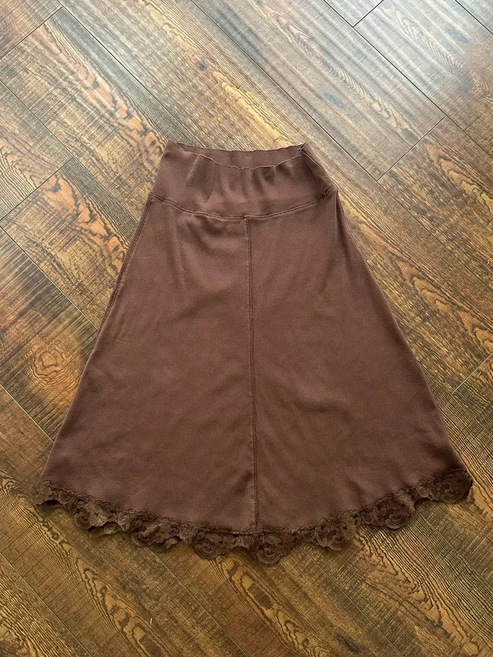 Lucy Love Chocolate Brown Midi Skirt with Lace Trim